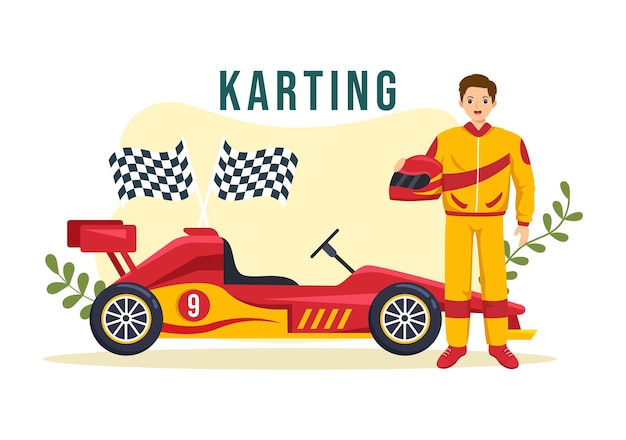 Deporte de karting con juego de carreras Go Kart en pista de circuito en ilustración dibujada a mano de dibujos animados plana