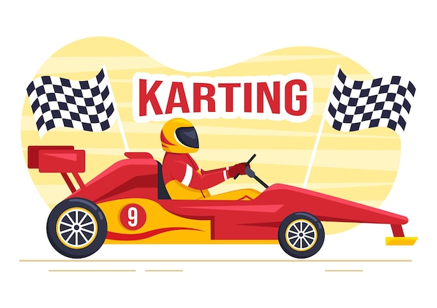 Vector deporte de karting con juego de carreras go kart en pista de circuito en ilustración dibujada a mano de dibujos animados plana