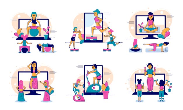 Vector deporte en línea y fitness, estilo de vida, tecnología web de entrenador en línea e ilustración de línea de concepto de personas.