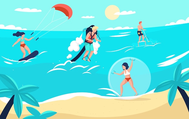 Deporte de mar dibujos animados personas haciendo actividades extremas en la playa mujer feliz windsurf hombre volando en mochila propulsora adolescente montando en aquaboard vacaciones de verano por el océano vector ilustración de ocio activo