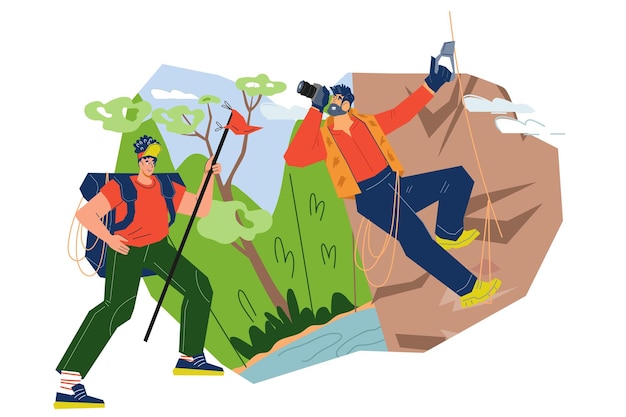 Deporte de montañismo y escalada en roca Turistas que viajan en las montañas