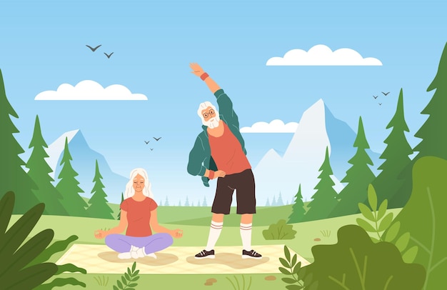 Deporte de personas mayores al aire libre Feliz pareja mayor activa en uniforme deportivo haciendo gimnasia mujer senior sentada en posición de loto y meditar hombre haciendo ejercicios en concepto de dibujos animados de vector de parque