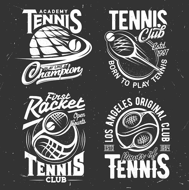 Vector deporte de tenis. jugando raquetas y pelotas. equipo deportivo de tenis, emblemas monocromos de la academia con tipografía blanca.