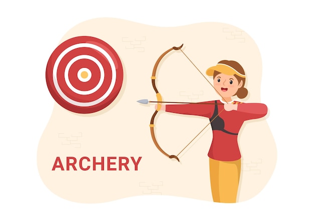 Deporte de tiro con arco con arco y flecha apuntando al objetivo para la actividad recreativa al aire libre en la ilustración