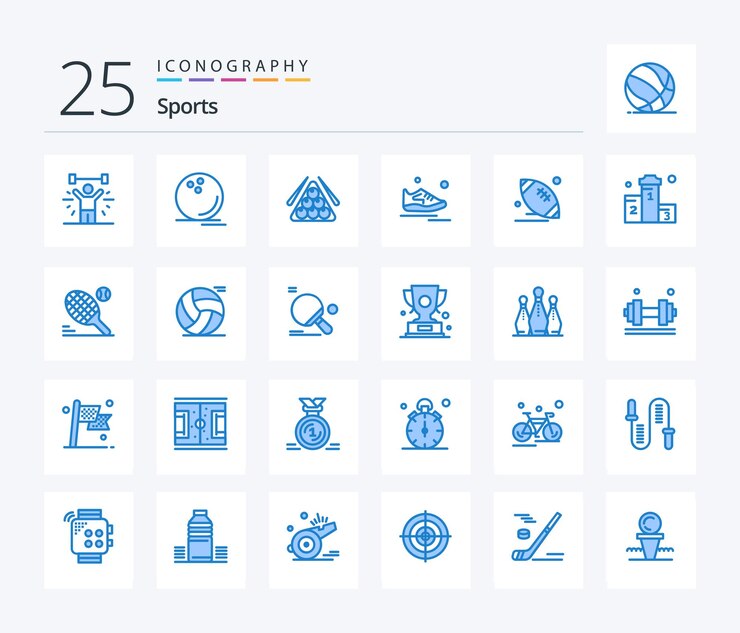 Deportes 25 paquete de iconos de color azul que incluye zapatos de ejercicio deporte de juego de pelota