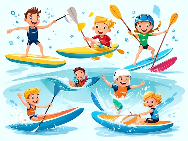 Vector deportes acuáticos con niños surf natación polo acuático canotaje y kayak vela ai_gene