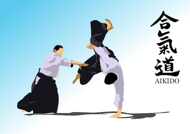 Deportes de combate orientales Aikido Color 3d ilustración vectorial Traducir aikido japonés