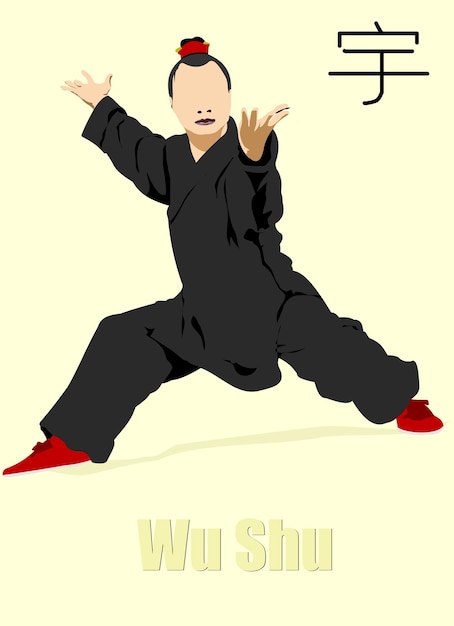 Deportes de combate orientales Wu Shu Color 3d vector ilustración Traducir texto chino Wu Shu