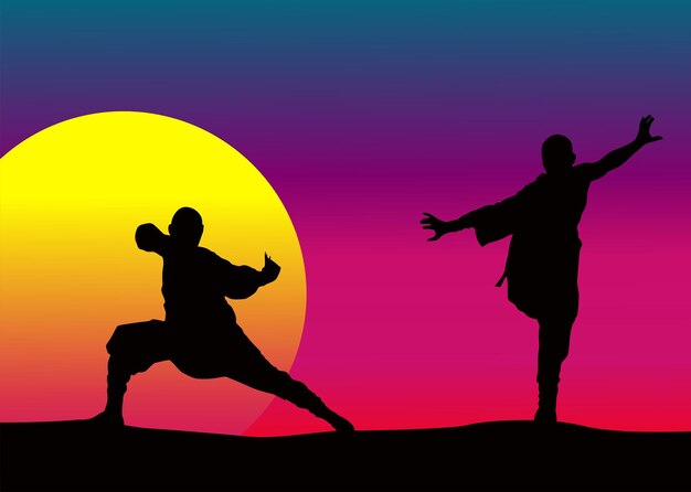 Deportes de combate orientales Wushu Ilustración vectorial 3D a mano en colores