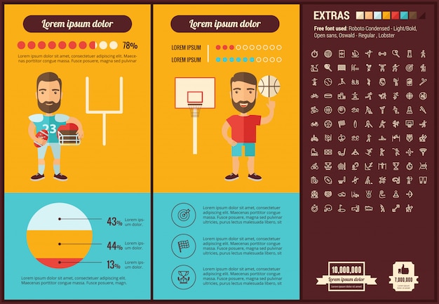 Vector deportes diseño plano infografía plantilla e iconos conjunto