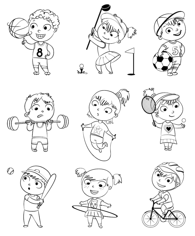 Vector deportes y fitness saltar la cuerda hula hoop golf ciclo carreras levantador de pesas tenis baloncesto fútbol béisbol divertido personaje de dibujos animados ilustración vectorial libro para colorear conjunto
