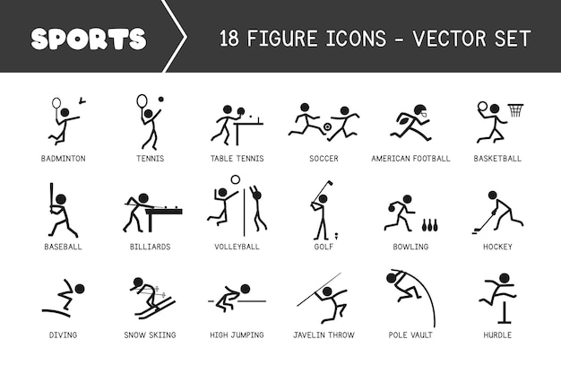 Deportes icono pictograma vector conjunto Stick figura hombres deportes jugadores vector icono signo símbolo pictograma