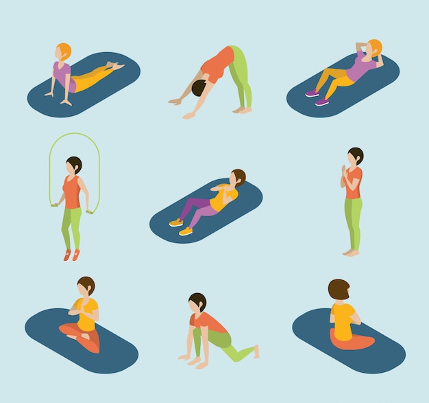 Deportes Mujeres Yoga Gimnasia Gimnasia Ejercicio Ejercicio Plano 3d Web Isométrico Vector de infografía.