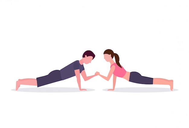 Deportes pareja haciendo fuerza tablaje ejercicio muscular hombre mujer tomados de la mano entrenamiento en gimnasio entrenamiento estilo de vida saludable concepto fondo blanco horizontal