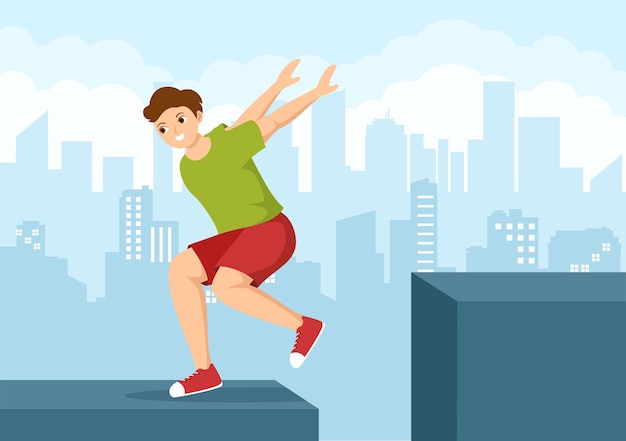 Vector deportes parkour con hombres saltando sobre paredes y barreras en edificios en ilustración plana de dibujos animados