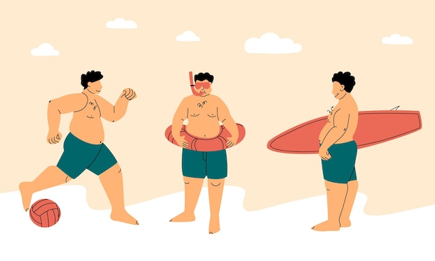 Deportes de playa feliz hombre regordete o gordo en traje de baño concepto positivo de cuerpo activo