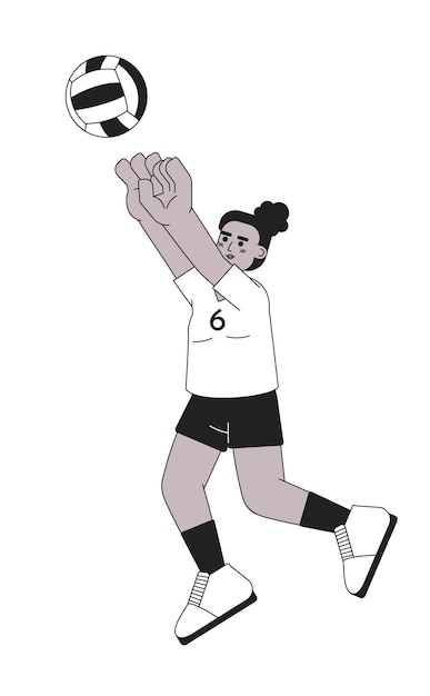 deportista afroamericana pateando pelota personaje vectorial plano monocromático jugando al voleibol línea delgada editable persona de cuerpo completo en blanco imagen de punto de dibujos animados simple bw para diseño gráfico web
