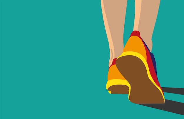 una deportista caminando en zapatos deportivos cerca de detrás del espacio de copia