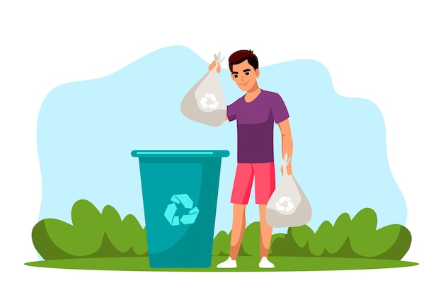 Vector deportista ecológico arroja residuos recogidos en un contenedor de reciclaje protección ecológica voluntaria estilo de vida saludable y cuidado del medio ambiente