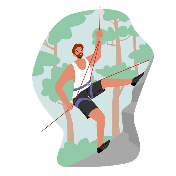 Vector deportista extremo escalar montaña con cuerda. hombre escalada aislado sobre fondo blanco. fin de semana deportivo de personajes masculinos