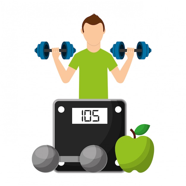 Vector deportista con frutas y mancuernas eligiendo un estilo de vida saludable.
