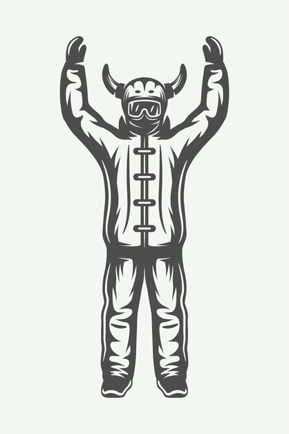 Deportista de invierno vintage en traje de esquí Arte gráfico monocromo Ilustración vectorial