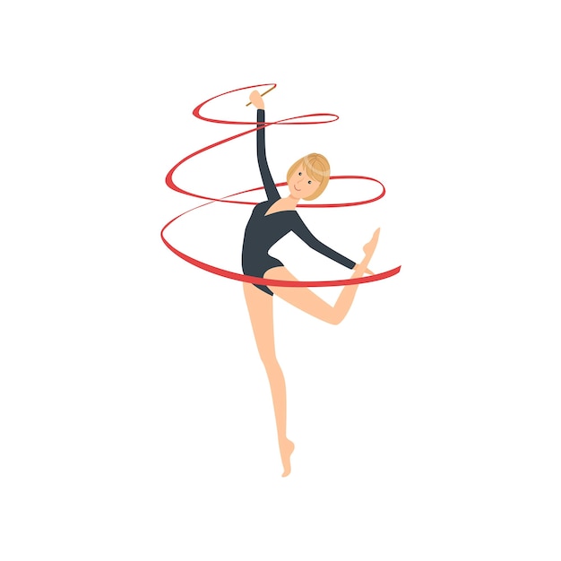 Hermosa Chica En Leotardo De Pie En La Pierna Vertical Dividida, Gimnasia  Rítmica Con La Cinta, Ilustración Vectorial De Dibujos Animados Aislado  Sobre Fondo Blanco. Gimnasta Rítmica Que Ejercita Con La Cinta