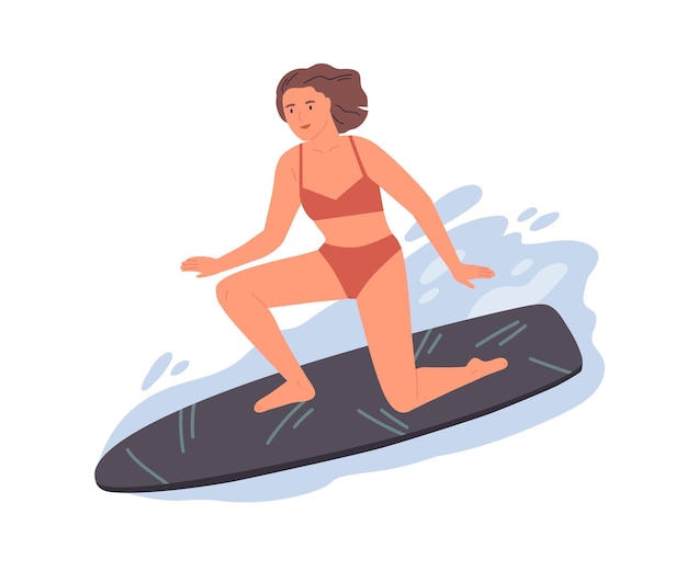 Deportista en traje de baño de pie con una rodilla en la tabla de surf en la ilustración plana del vector de onda. Mujer surfista demuestra truco disfrutando de deportes extremos estacionales aislados. Mujer en el mar o en el agua del océano.