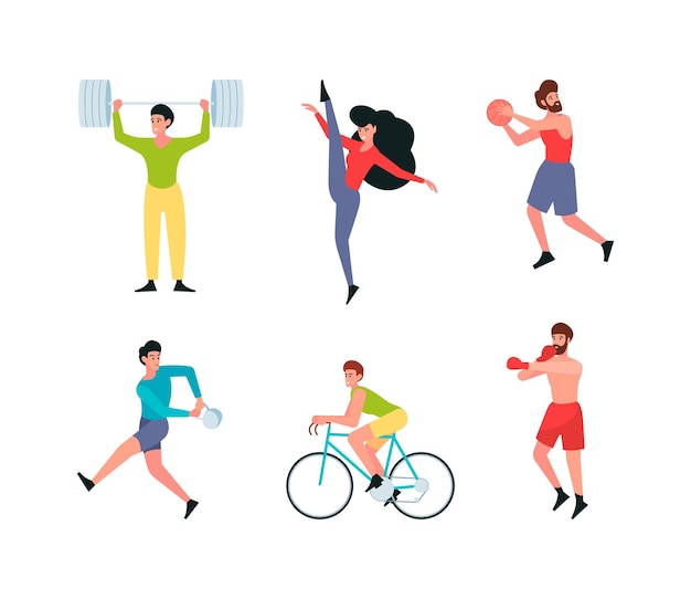 Deportistas estilo de vida saludable personas recreación activa entrenamiento ejercicio fútbol tenis gimnasio corredores chillones vector personajes planos aislados