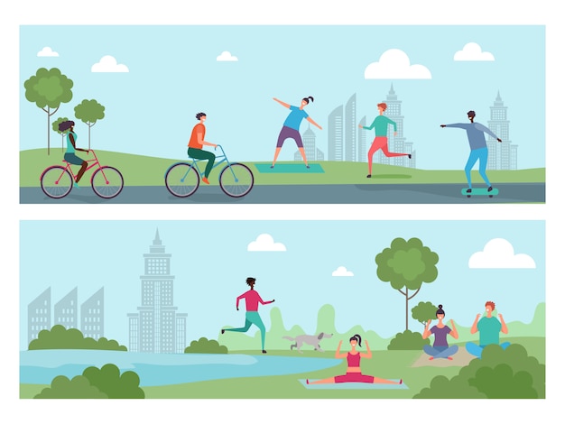 Vector deportistas en el parque de la ciudad. actividad al aire libre, personas internacionales que andan en bicicleta, correr, hacer yoga ilustración