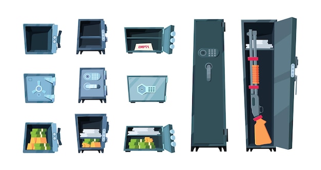 Vector depósito seguro para dinero caja de seguridad de acero para monedas de oro dólares en efectivo ilustraciones de dinero vectorial llamativas