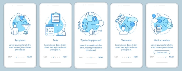 Depresión que supera la plantilla de vector de pantalla de página de aplicación móvil de incorporación. síntomas, pruebas, tratamiento. pasos del sitio web paso a paso con ilustraciones lineales. concepto de interfaz de teléfono inteligente ux, ui, gui