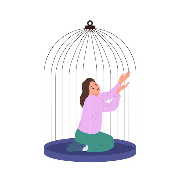 Deprimida joven personaje de dibujos animados atrapado en una jaula sintiendo miedo e indefenso aislado en blanco