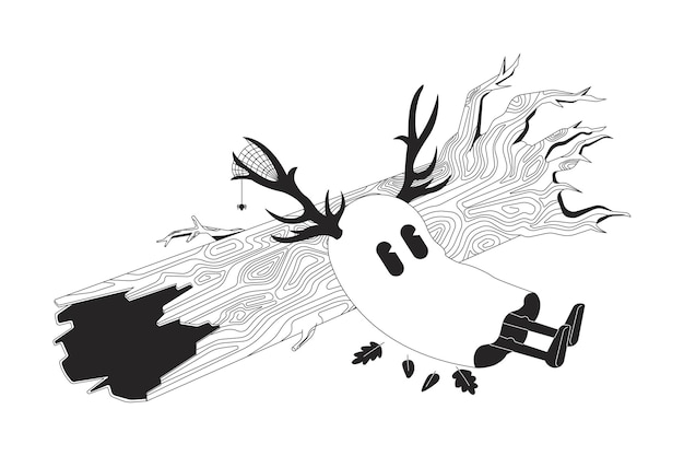 Deprimido fantasma lindo acostado en el tronco de un árbol ilustración plana de dibujos animados en blanco y negro espíritu triste melancólico con cuernos de alce personaje lineal 2D aislado escena monocromática de otoño contorno vectorial de la imagen