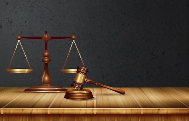 Derecho y Justicia Antecedentes con balanzas y martillo