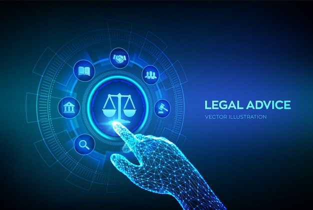 Derecho laboral, abogado, abogado, concepto de asesoramiento legal en pantalla virtual.