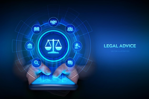 Vector derecho laboral cyberlaw abogado abogado en derecho concepto de asesoramiento legal en pantalla virtual smartphone en las manos