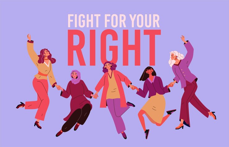 Vector derechos de la mujer concepto de poder femenino y feminismo día de la mujer fuerte grupo de empoderamiento equipo internacional de personas feministas las niñas se toman de la mano afiche y pancarta concepto de dibujos animados vectoriales