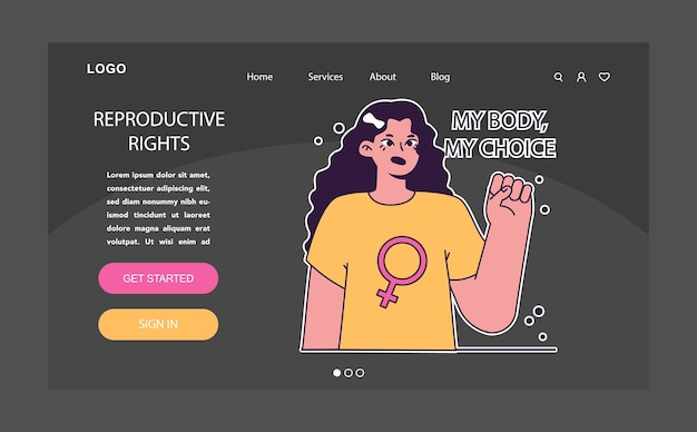 Vector derechos reproductivos modo oscuro o nocturno aterrizaje web empoderado mujer decidida anuncia la importancia
