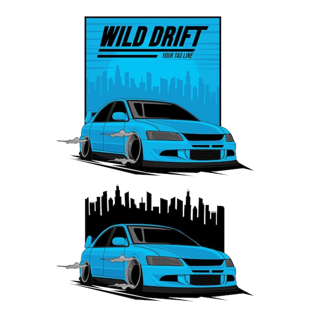 Deriva de coche azul en la ciudad