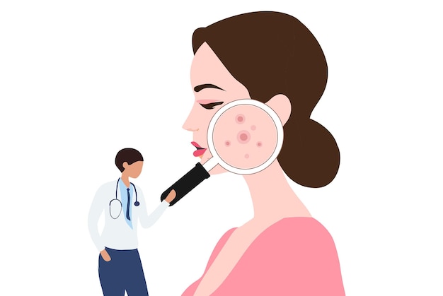 Dermatólogo revisando la cara de una mujer joven con piel acné granos puntos negros ilustración vectorial