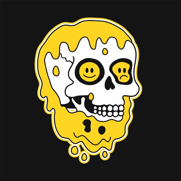 Derretir distorsión sonrisa cara cráneo interior vector dibujado a mano doodle línea dibujos animados personaje ilustración sonrisa emoji facekull en cabeza impresión para camiseta posterstickercovercard concepto