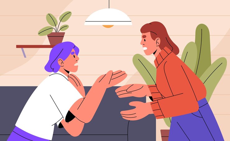 Vector desacuerdos en las relaciones concepto de problemas de padres e hijos mujer enojada argumenta abuso de niñas pelea pareja crea conflicto conversación sobre problemas ilustración de vector plano