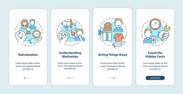 Desafiando el consumismo incorporando la pantalla de la página de la aplicación móvil. Stop compra excesiva tutorial 4 pasos instrucciones gráficas con conceptos. UI, UX, plantilla de vector GUI con ilustraciones en colores lineales
