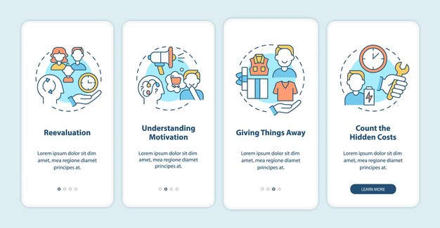 Desafiando el consumismo incorporando la pantalla de la página de la aplicación móvil. stop compra excesiva tutorial 4 pasos instrucciones gráficas con conceptos. ui, ux, plantilla de vector gui con ilustraciones en colores lineales