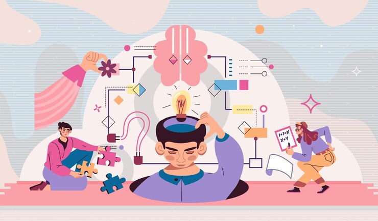 Vector desafío de decisión complejo habilidades comerciales proceso de gestión correcto búsqueda de rompecabezas las personas buscan soluciones las personas encuentran la idea cerebro analítico mente racional ilustración vectorial