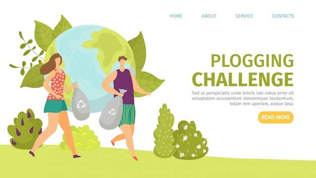 Desafío de plogging, bolsa de ecología con ilustración de basura ambiental. Hombre mujer trotar y recoger la basura para el reciclaje ecológico. Plogger maratón, protección del medio ambiente y deporte.