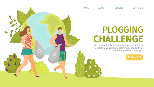 Desafío de plogging, bolsa de ecología con ilustración de basura ambiental. hombre mujer trotar y recoger la basura para el reciclaje ecológico. plogger maratón, protección del medio ambiente y deporte.