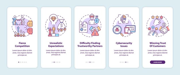 Desafíos de iniciar la pantalla de la página de la aplicación móvil de incorporación de inicio. Tutorial empresarial Instrucciones gráficas de 5 pasos con conceptos. UI, UX, plantilla de vector GUI con ilustraciones en colores lineales