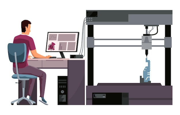 Desarrollador e ingeniero que utiliza una impresora 3D para crear modelos en el laboratorio Modelación Impresión Progreso Desarrollo de tecnología aditiva Innovación Ilustración vectorial plana de dibujos animados